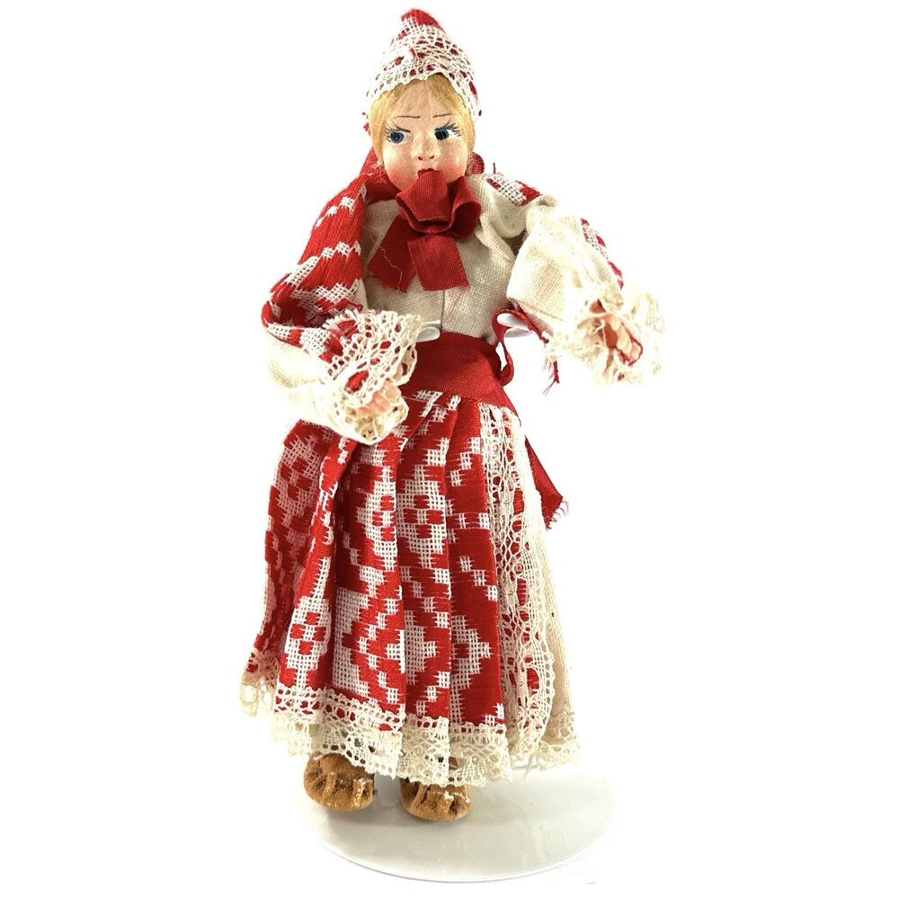 Vintage 7” European Folk Doll Red White Costume Lace Bonnet w/ Stand - Picture 3 of 8